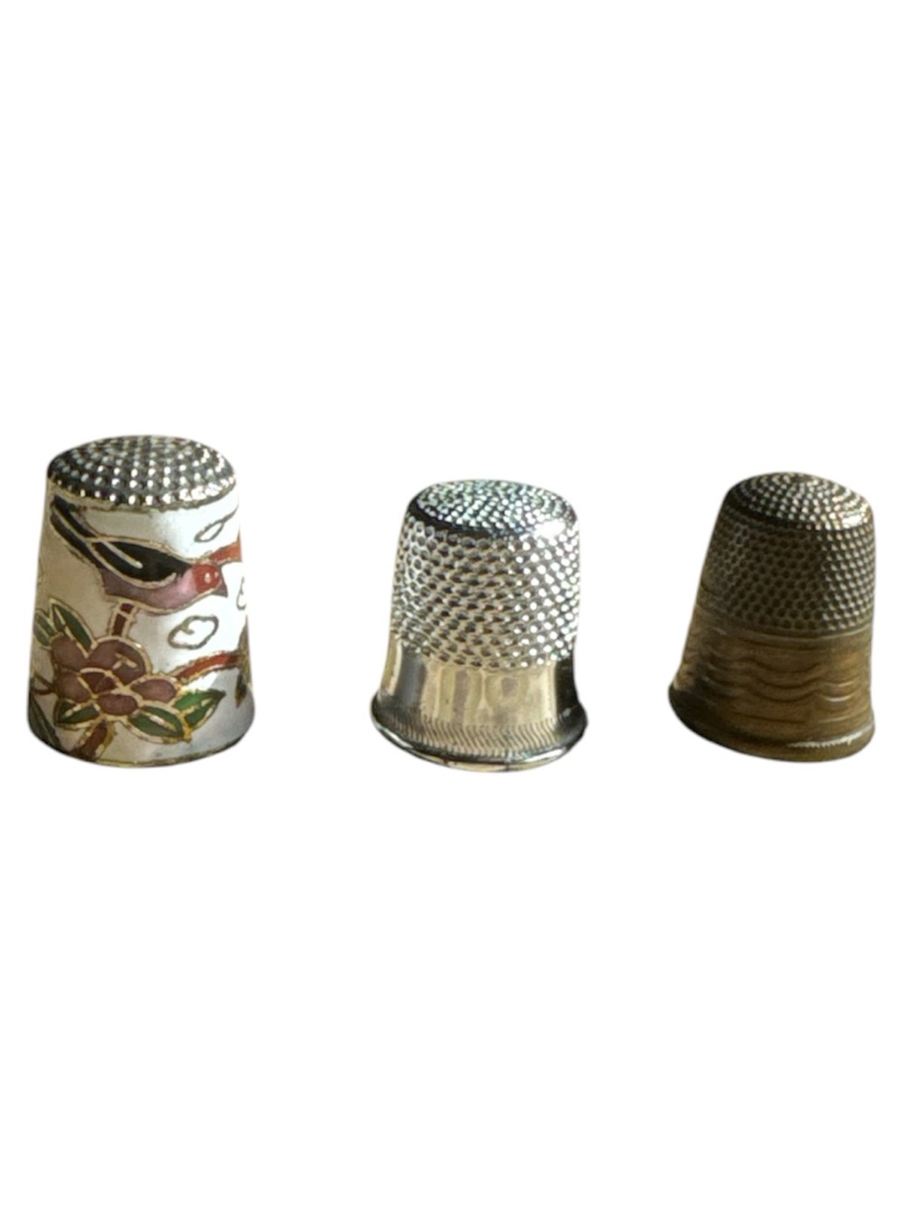 Cloisonné, Silver Tone, & Brass Sewing Thimble Set